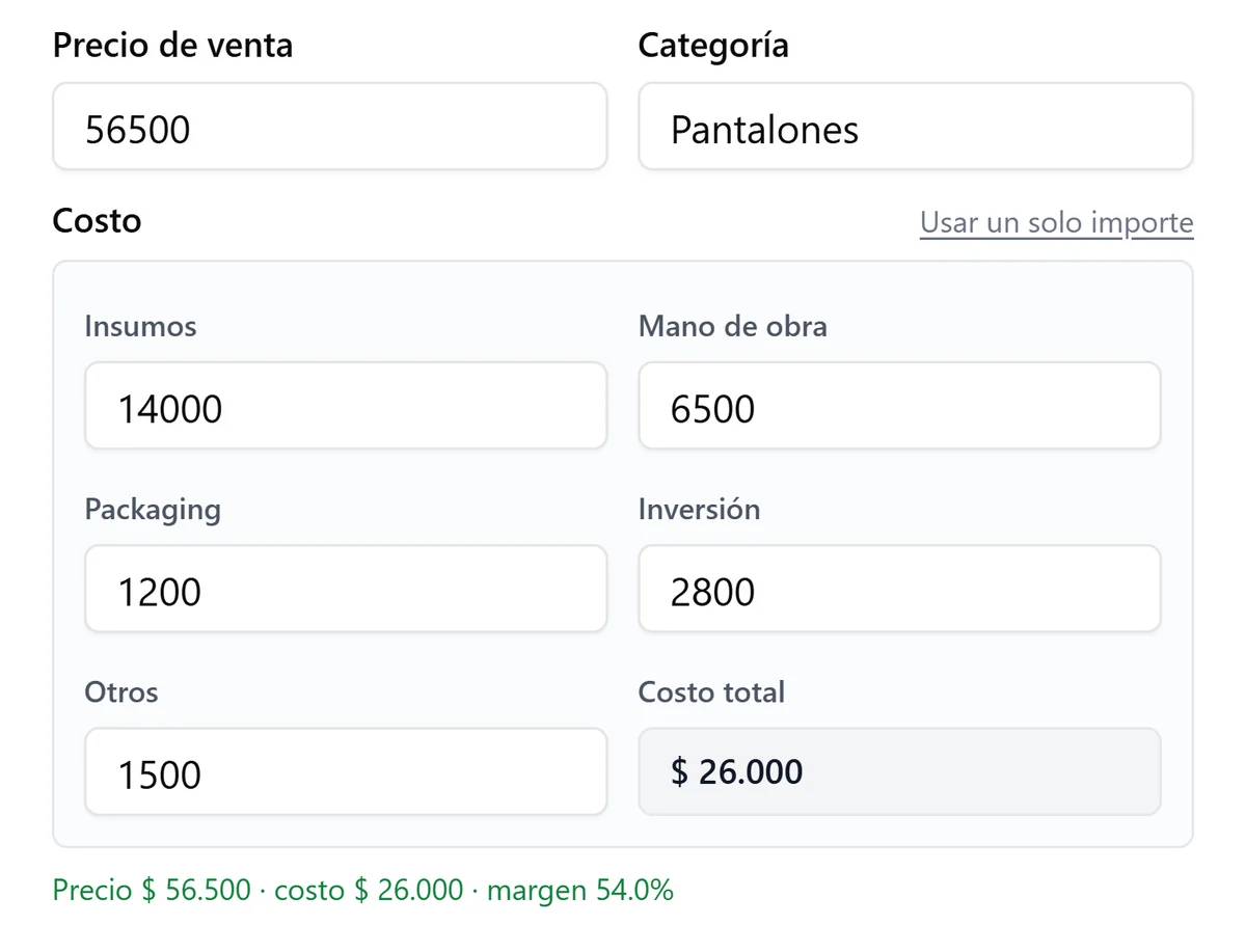 Editar un producto con el costo dividido en cinco partes, el costo total y el margen (datos de ejemplo)