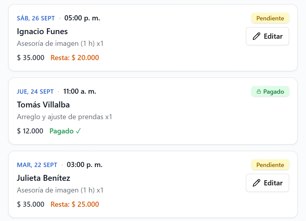 La lista de turnos con su cliente, servicio, estado y lo que resta cobrar (datos de ejemplo)