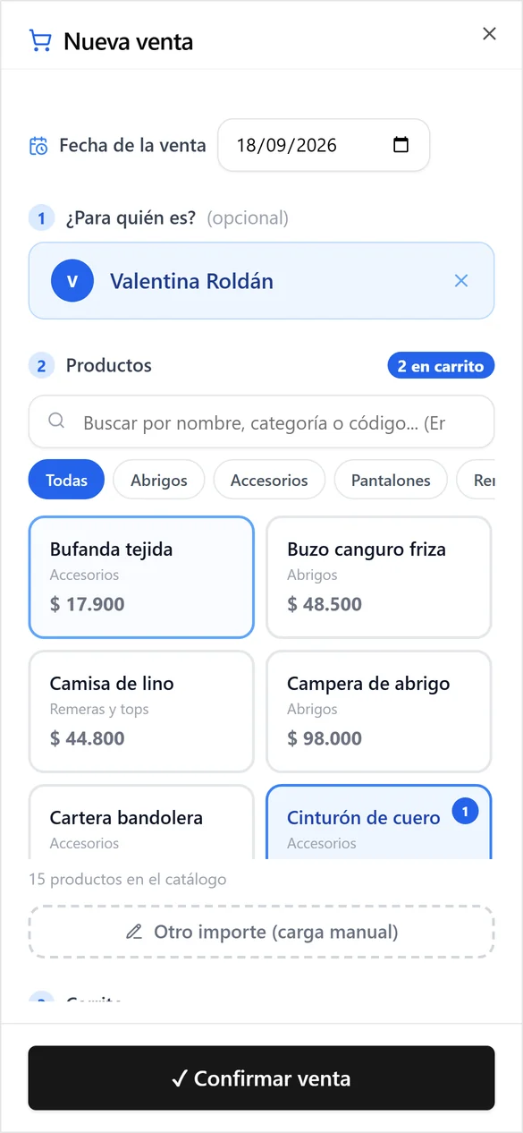 Cargar una venta desde el celular en el Sistema MBK (datos de ejemplo)